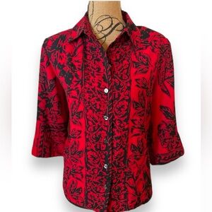 Alia Petites Button Front 3/4 Split Sleeve Tunic Blouse Red Black Top Shirt 10P